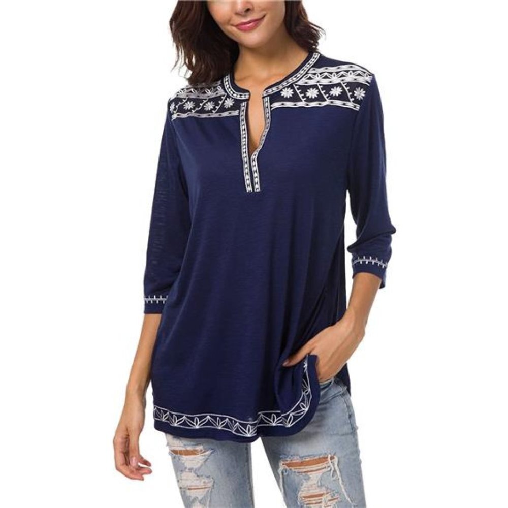 Women's 3/4 Sleeve Boho Shirts Embroidered Peasant Top